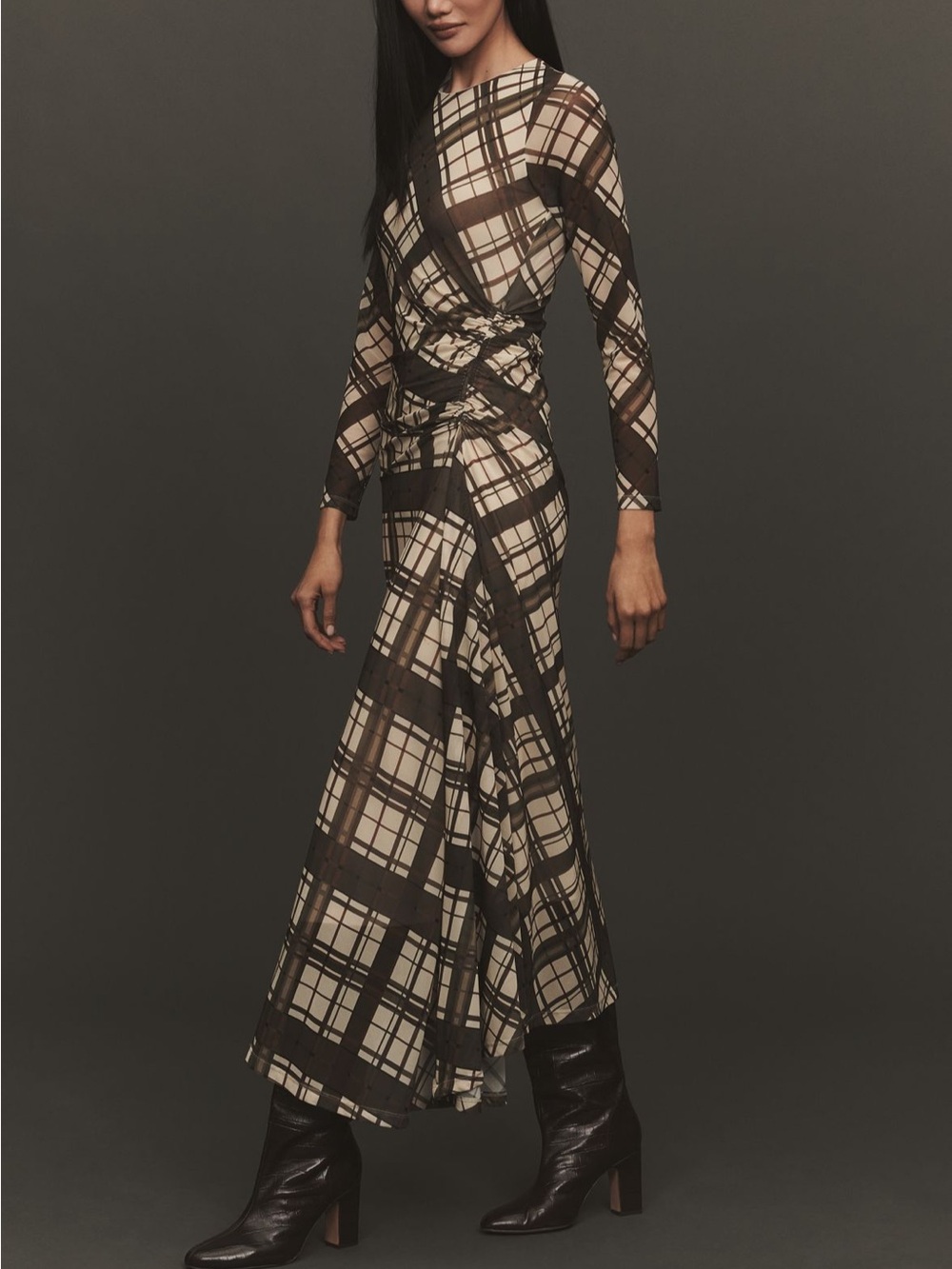 Anthropologie Long-Sleeved Ruched Mesh Midi Dress